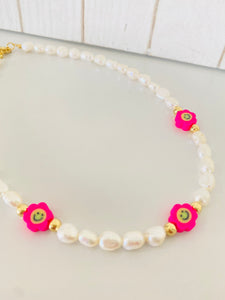 Smiley Face and Flower Choker Necklace White